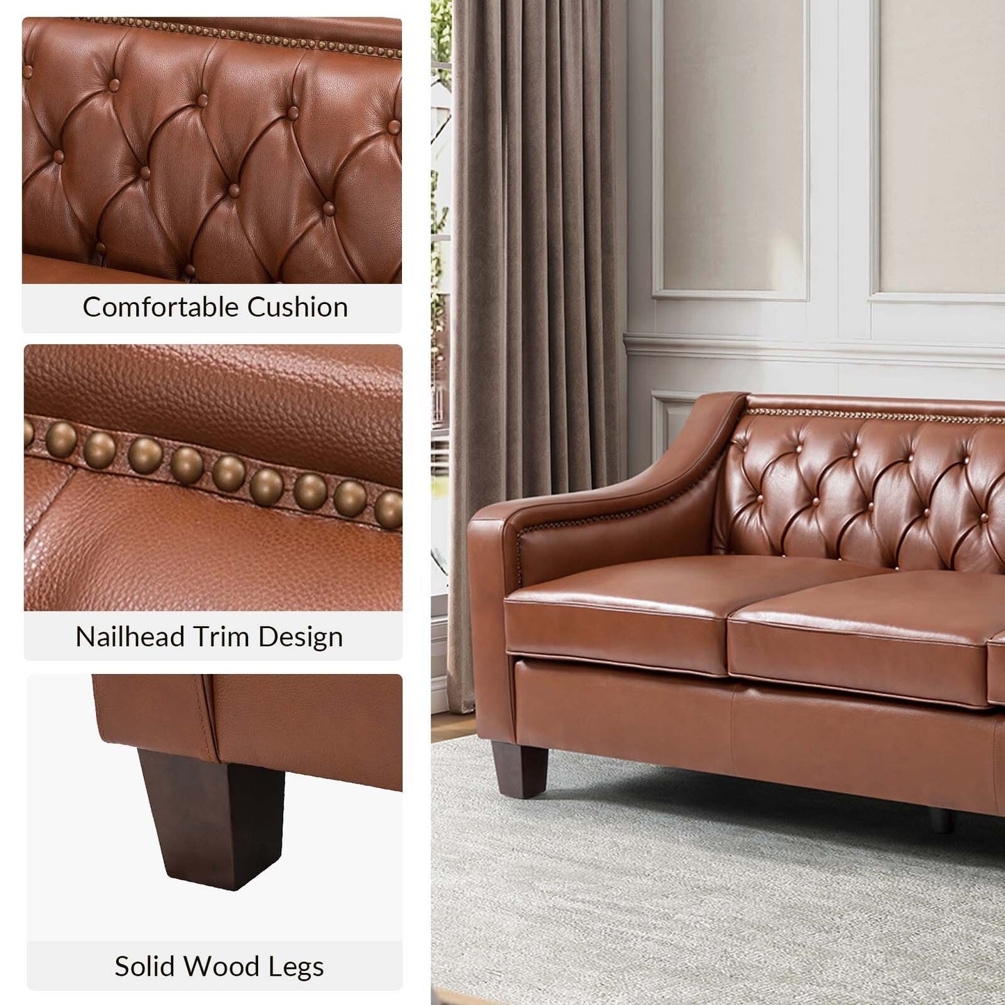 Mateo 82.28 Wide Transitional Genuine Leather Sofa with Nailhead Trim and Button-Tufted Back