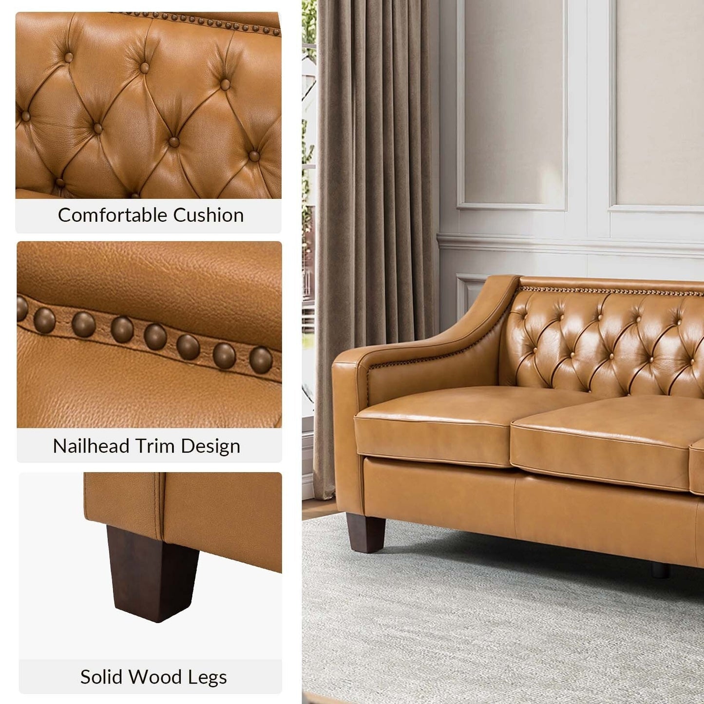 Mateo 82.28 Wide Transitional Genuine Leather Sofa with Nailhead Trim and Button-Tufted Back