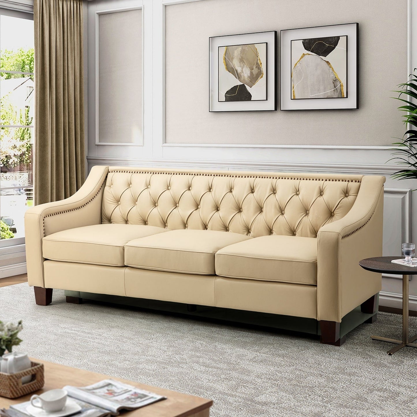 Mateo 82.28 Wide Transitional Genuine Leather Sofa with Nailhead Trim and Button-Tufted Back