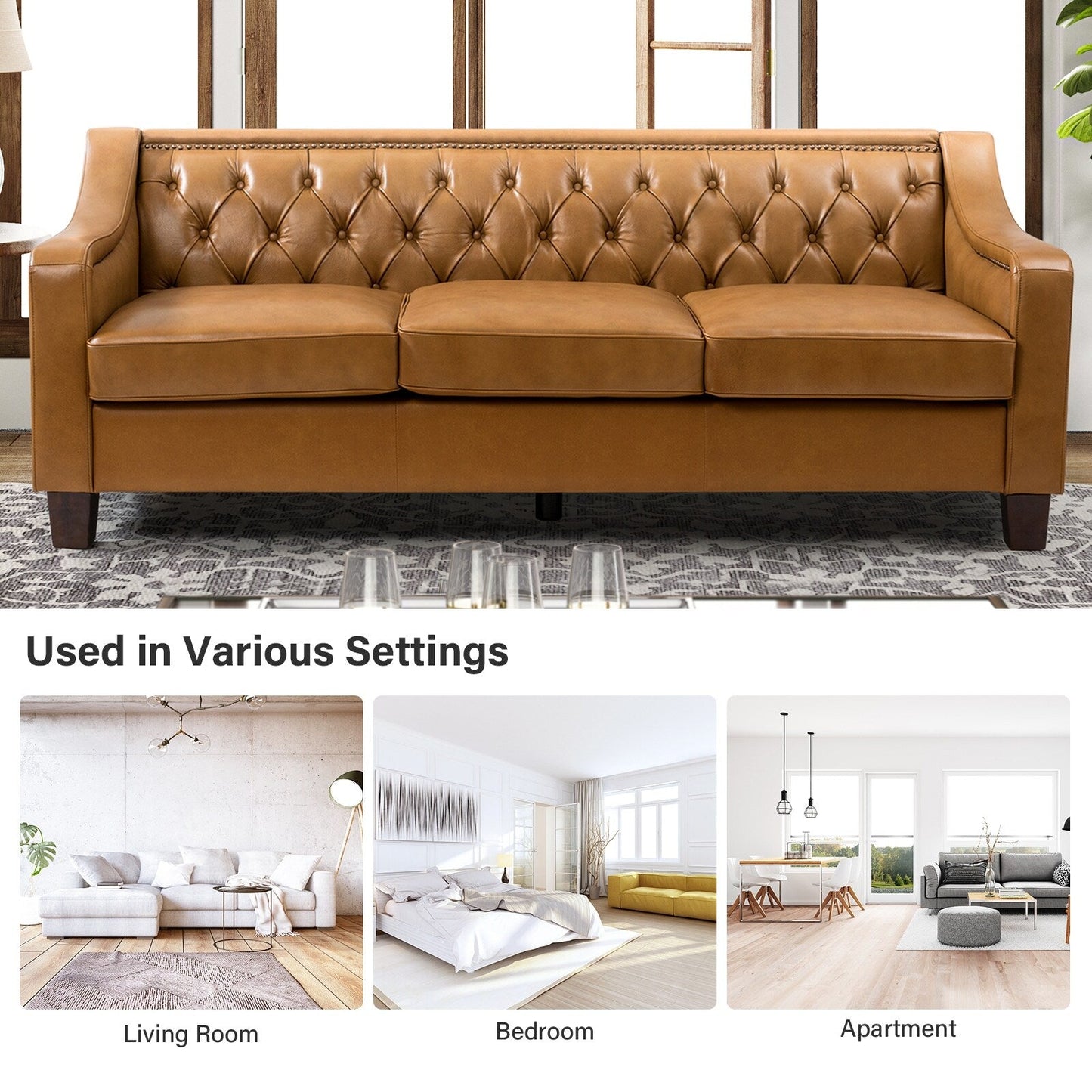 Mateo 82.28 Wide Transitional Genuine Leather Sofa with Nailhead Trim and Button-Tufted Back