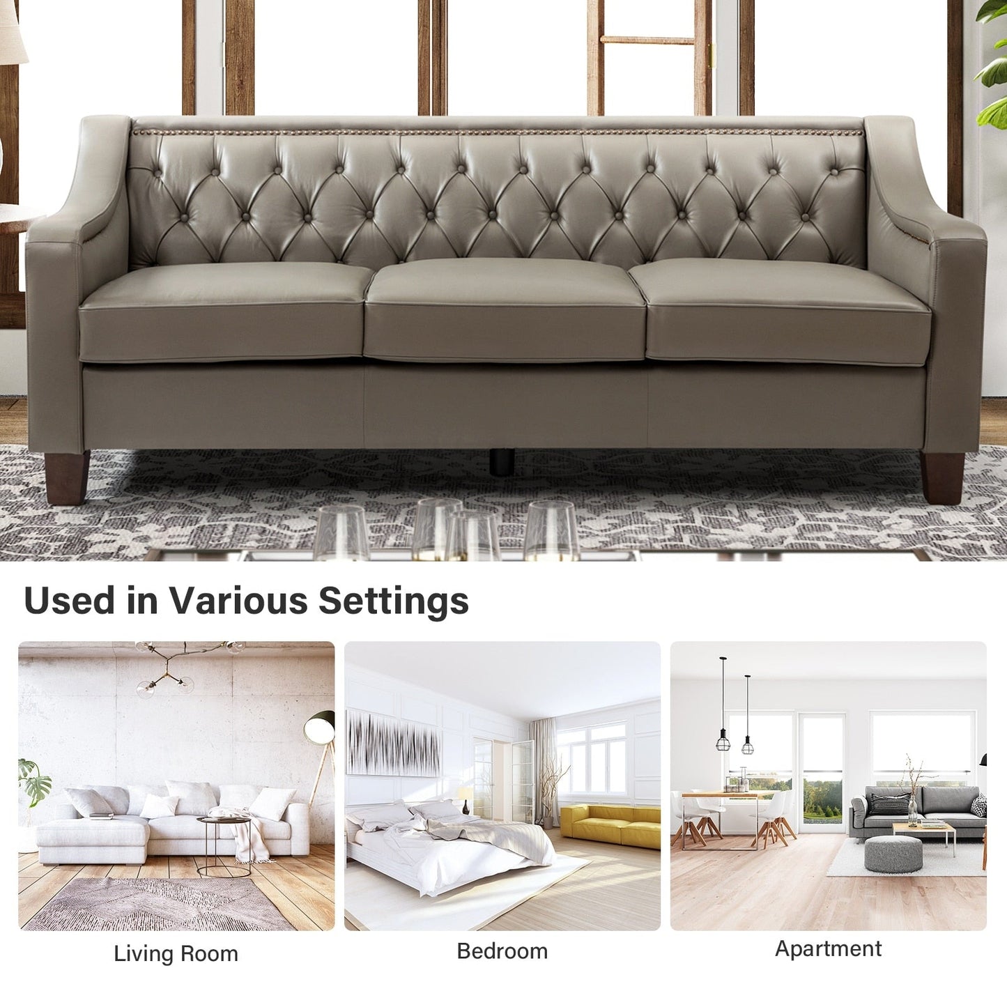 Mateo 82.28 Wide Transitional Genuine Leather Sofa with Nailhead Trim and Button-Tufted Back