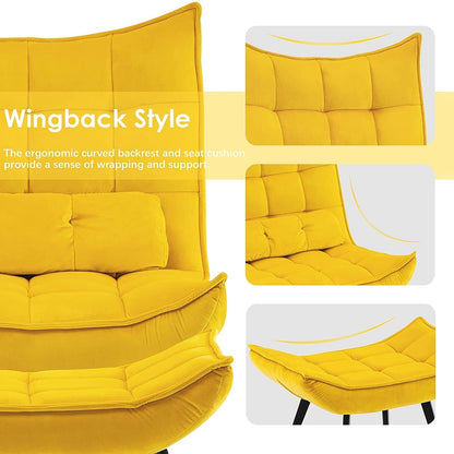 Mcombo Accent Chair with Ottoman, Velvet Tufted Wingback Chair, Upholstered Chairs with Metal Legs for Bedroom Living Room 4079