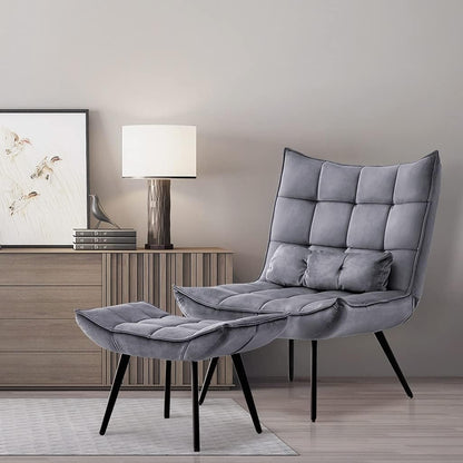 Mcombo Accent Chair with Ottoman, Velvet Tufted Wingback Chair, Upholstered Chairs with Metal Legs for Bedroom Living Room 4079