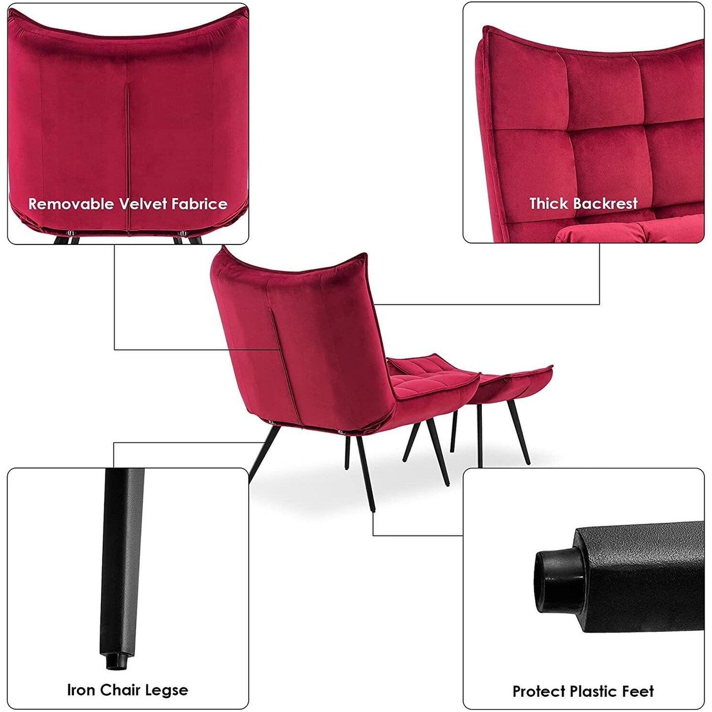 Mcombo Accent Chair with Ottoman, Velvet Tufted Wingback Chair, Upholstered Chairs with Metal Legs for Bedroom Living Room 4079