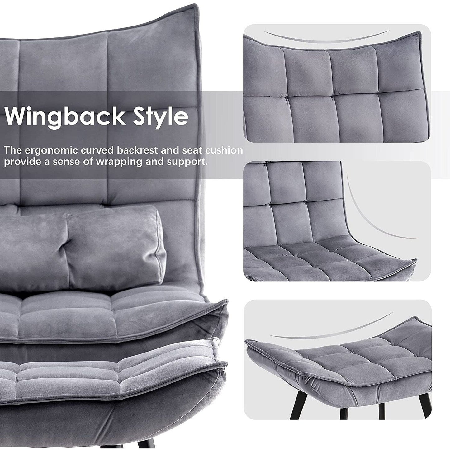 Mcombo Accent Chair with Ottoman, Velvet Tufted Wingback Chair, Upholstered Chairs with Metal Legs for Bedroom Living Room 4079