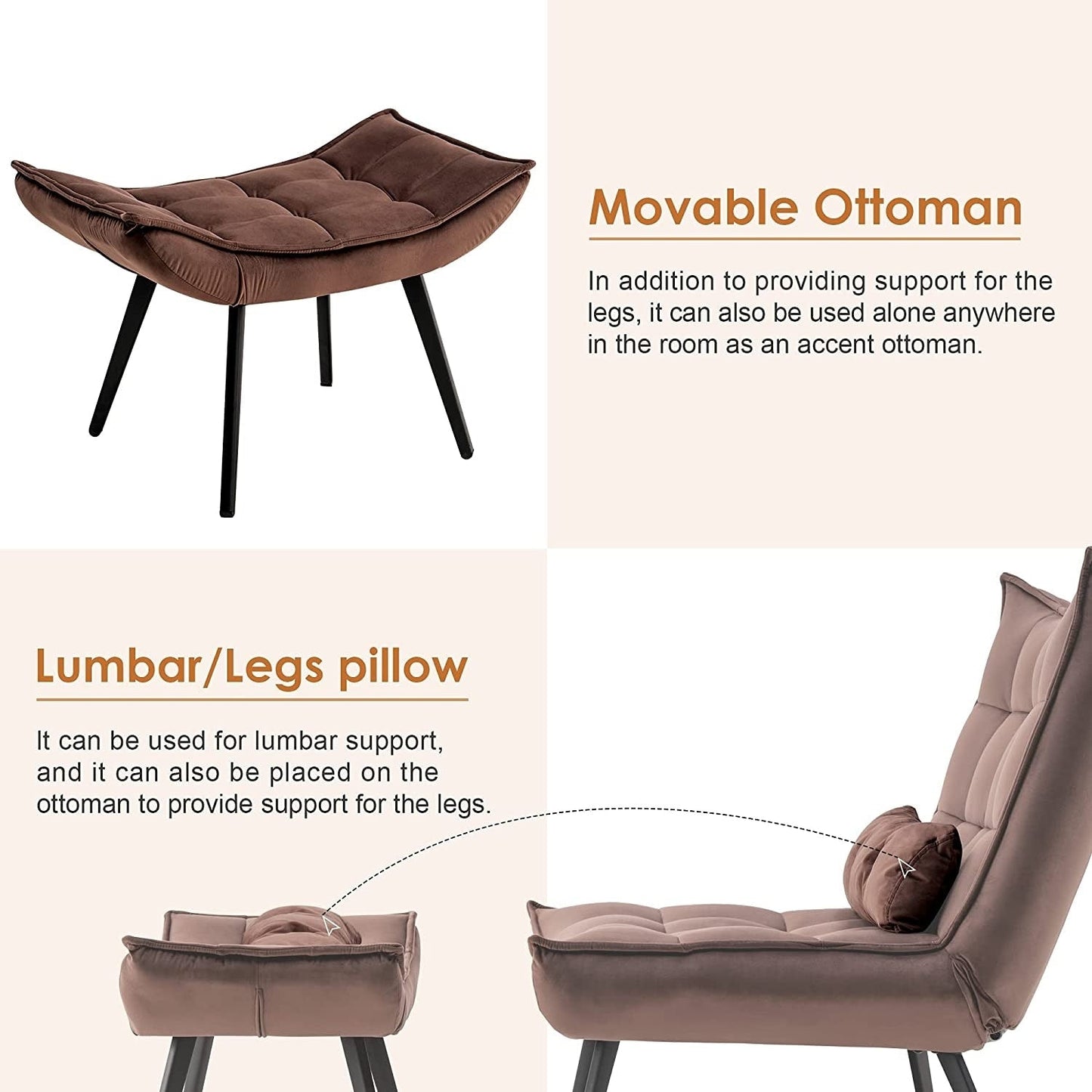 Mcombo Accent Chair with Ottoman, Velvet Tufted Wingback Chair, Upholstered Chairs with Metal Legs for Bedroom Living Room 4079
