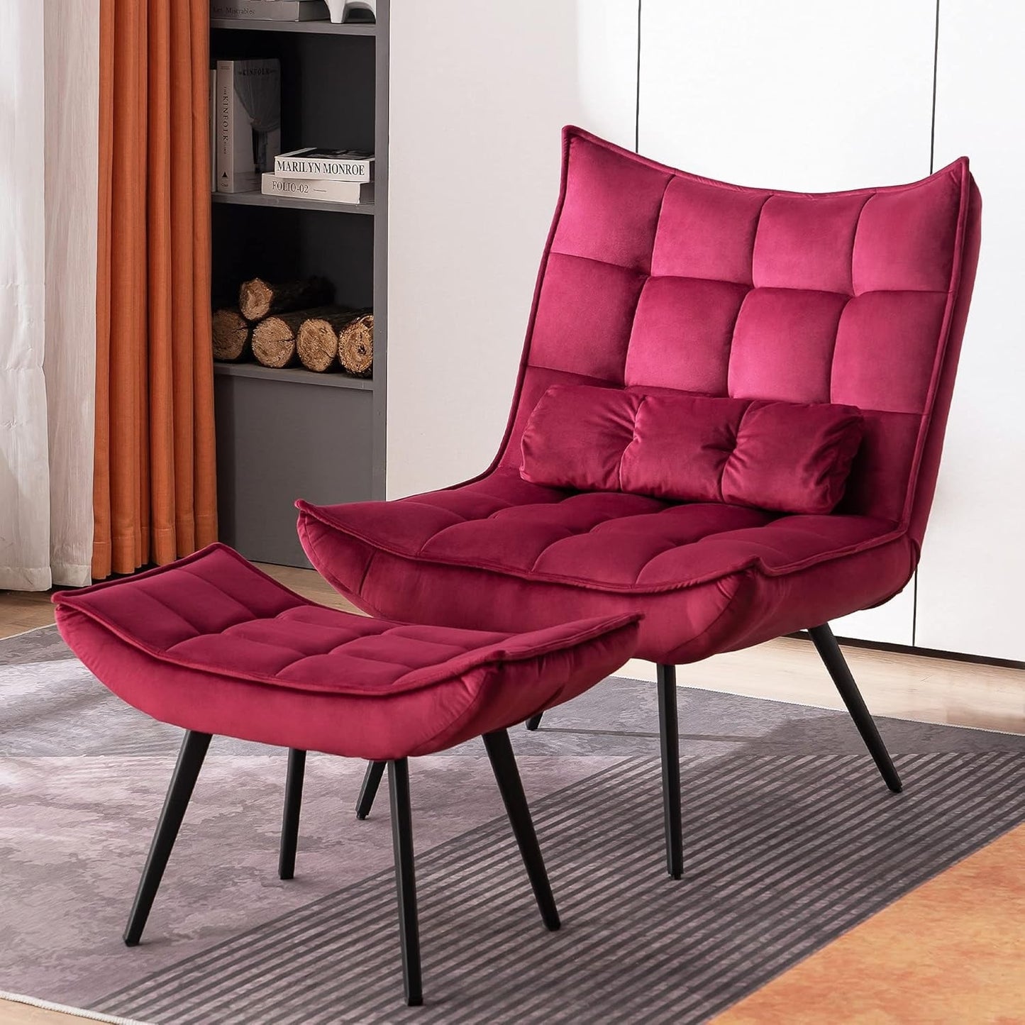 Mcombo Accent Chair with Ottoman, Velvet Tufted Wingback Chair, Upholstered Chairs with Metal Legs for Bedroom Living Room 4079