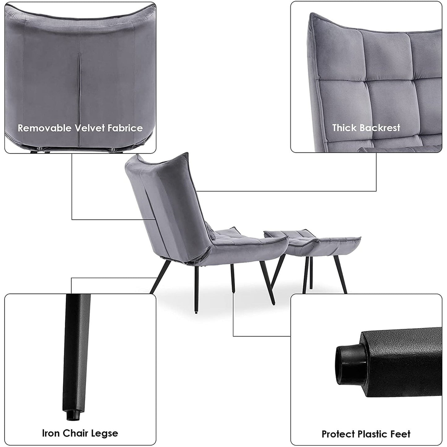 Mcombo Accent Chair with Ottoman, Velvet Tufted Wingback Chair, Upholstered Chairs with Metal Legs for Bedroom Living Room 4079