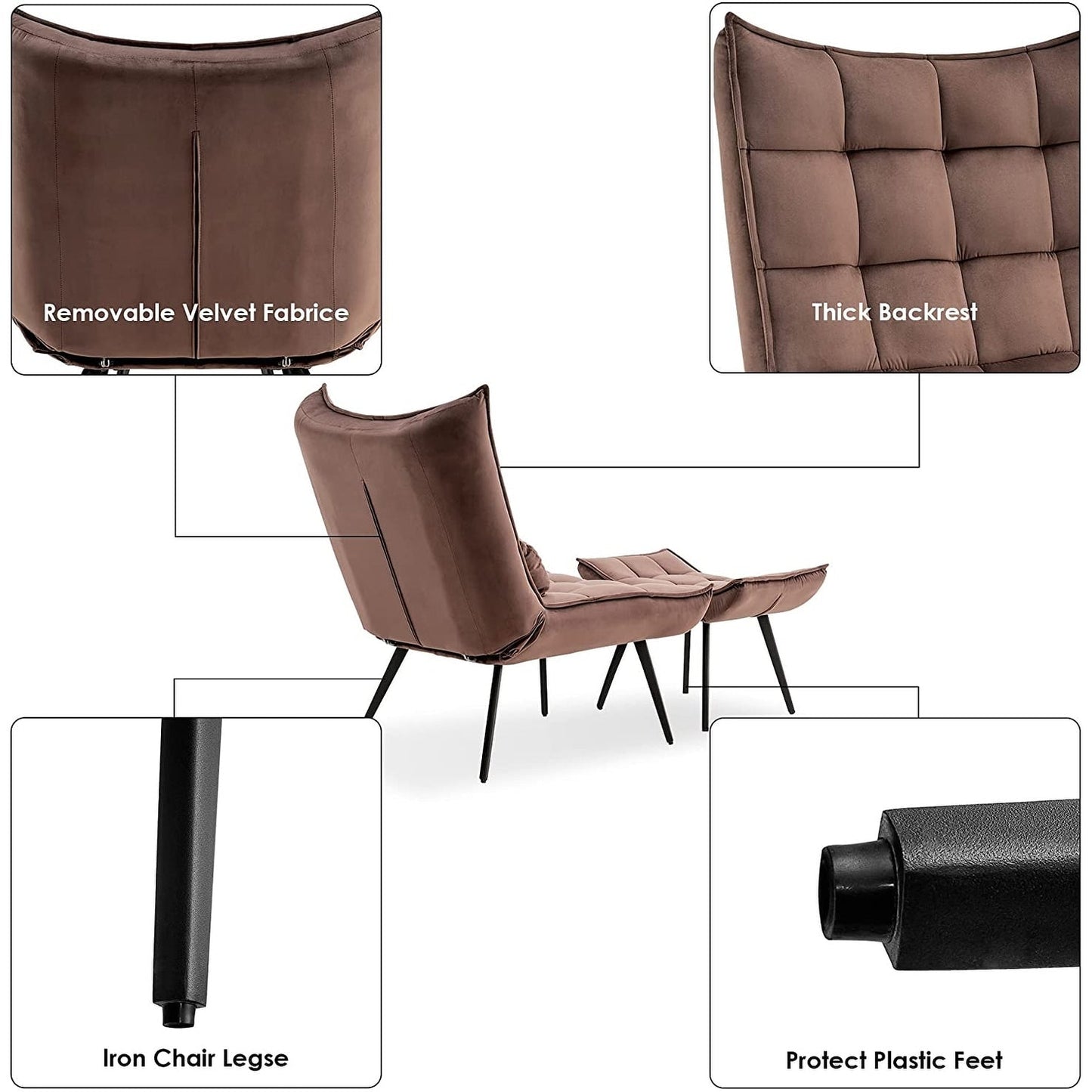 Mcombo Accent Chair with Ottoman, Velvet Tufted Wingback Chair, Upholstered Chairs with Metal Legs for Bedroom Living Room 4079