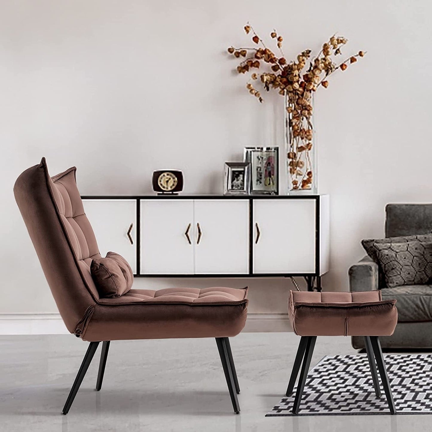 Mcombo Accent Chair with Ottoman, Velvet Tufted Wingback Chair, Upholstered Chairs with Metal Legs for Bedroom Living Room 4079