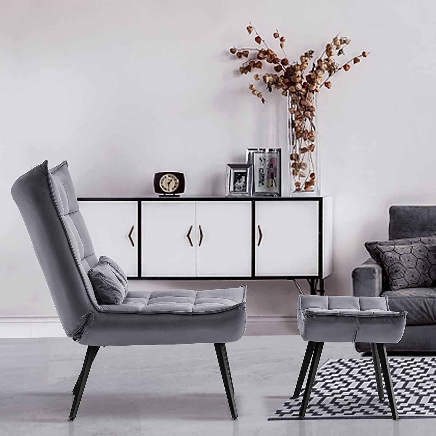Mcombo Accent Chair with Ottoman, Velvet Tufted Wingback Chair, Upholstered Chairs with Metal Legs for Bedroom Living Room 4079