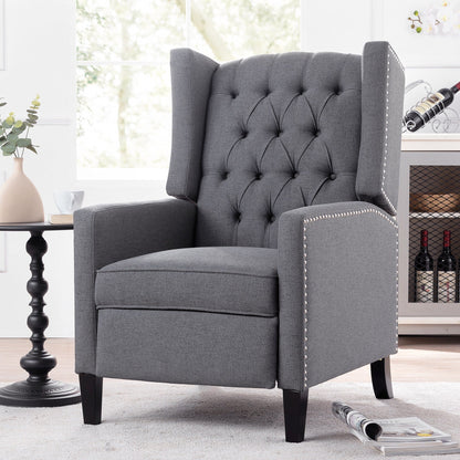 Mid Century Modern Tufted Fabric Wingback Sofa High Back Manual Lounge Recliner Chair with Silver Trim and 3 Gears