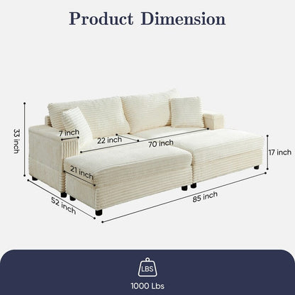 Mixoy 85ââCorduroy Loveseat Chaise Lounge with Storage Ottoman&Armrests,Upholstered 2-Seater Sleeper Reclining Chair Indoor