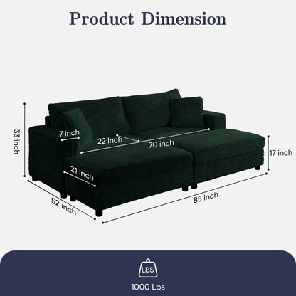 Mixoy 85ââCorduroy Loveseat Chaise Lounge with Storage Ottoman&Armrests,Upholstered 2-Seater Sleeper Reclining Chair Indoor