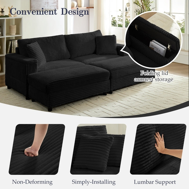 Mixoy 85ââCorduroy Loveseat Chaise Lounge with Storage Ottoman&Armrests,Upholstered 2-Seater Sleeper Reclining Chair Indoor