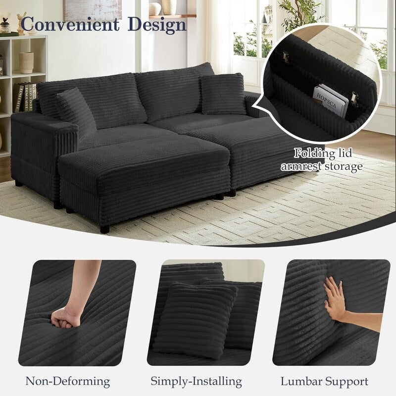 Mixoy 85ââCorduroy Loveseat Chaise Lounge with Storage Ottoman&Armrests,Upholstered 2-Seater Sleeper Reclining Chair Indoor