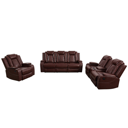 Modern 3-Piece Leather Recliner Sofa Set with LED, Wireless Charging