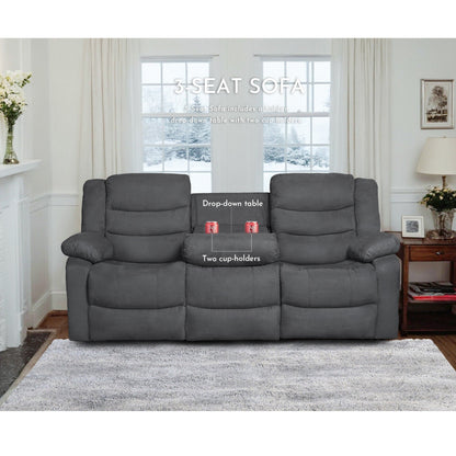 Modern 3-Piece Manual Reclining Living Room Sofa Set with Dropdown Table and Console
