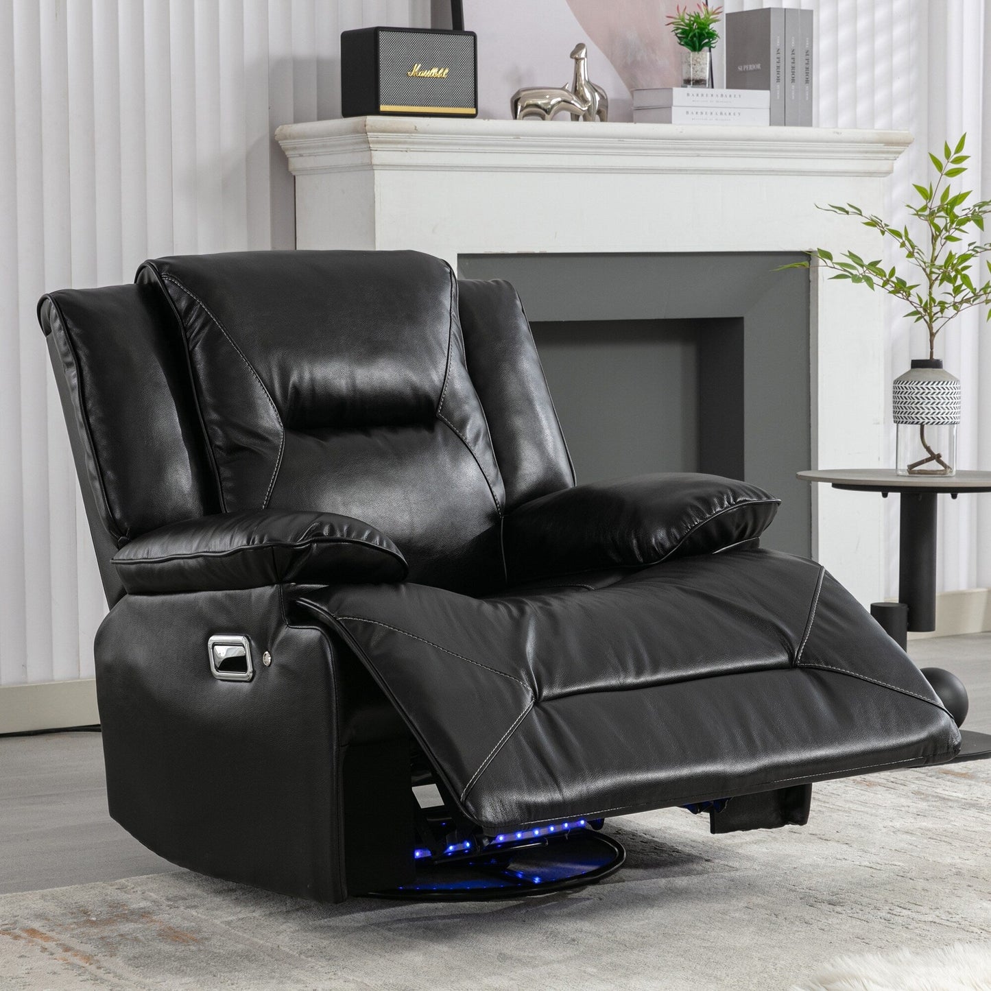Modern 360° Swivel Rocking Manual Recliner Chair, Home Theater Recliner with LED Light Strip, Manual Reclining Single Sofa