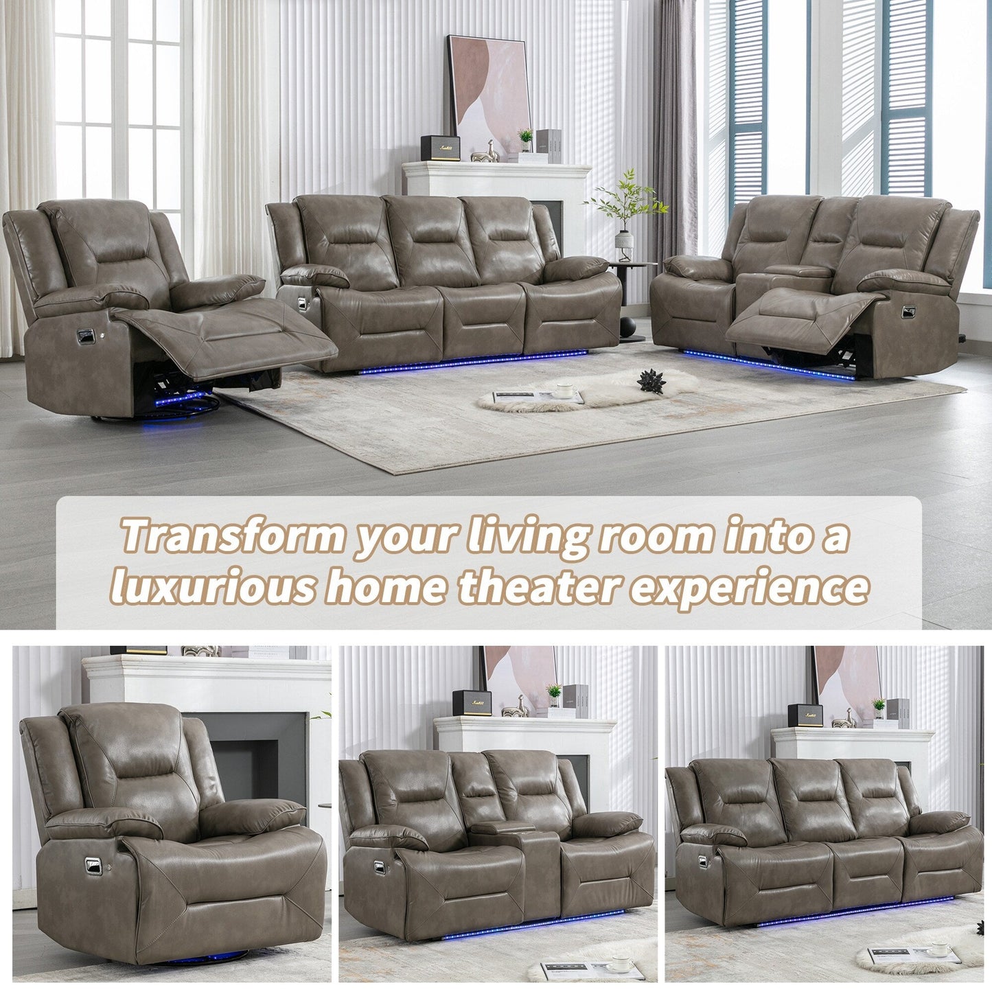 Modern 360° Swivel Rocking Manual Recliner Chair, Home Theater Recliner with LED Light Strip, Manual Reclining Single Sofa