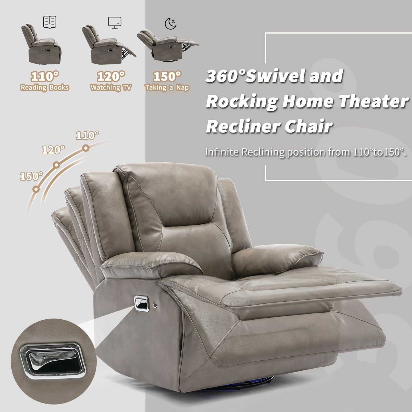 Modern 360° Swivel Rocking Manual Recliner Chair, Home Theater Recliner with LED Light Strip, Manual Reclining Single Sofa