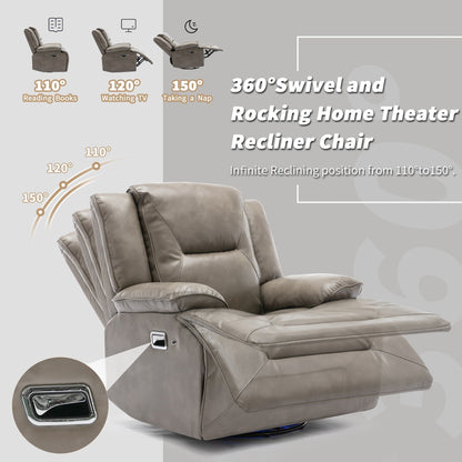 Modern 360° Swivel Rocking Manual Recliner Chair, Home Theater Recliner with LED Light Strip, Manual Reclining Single Sofa