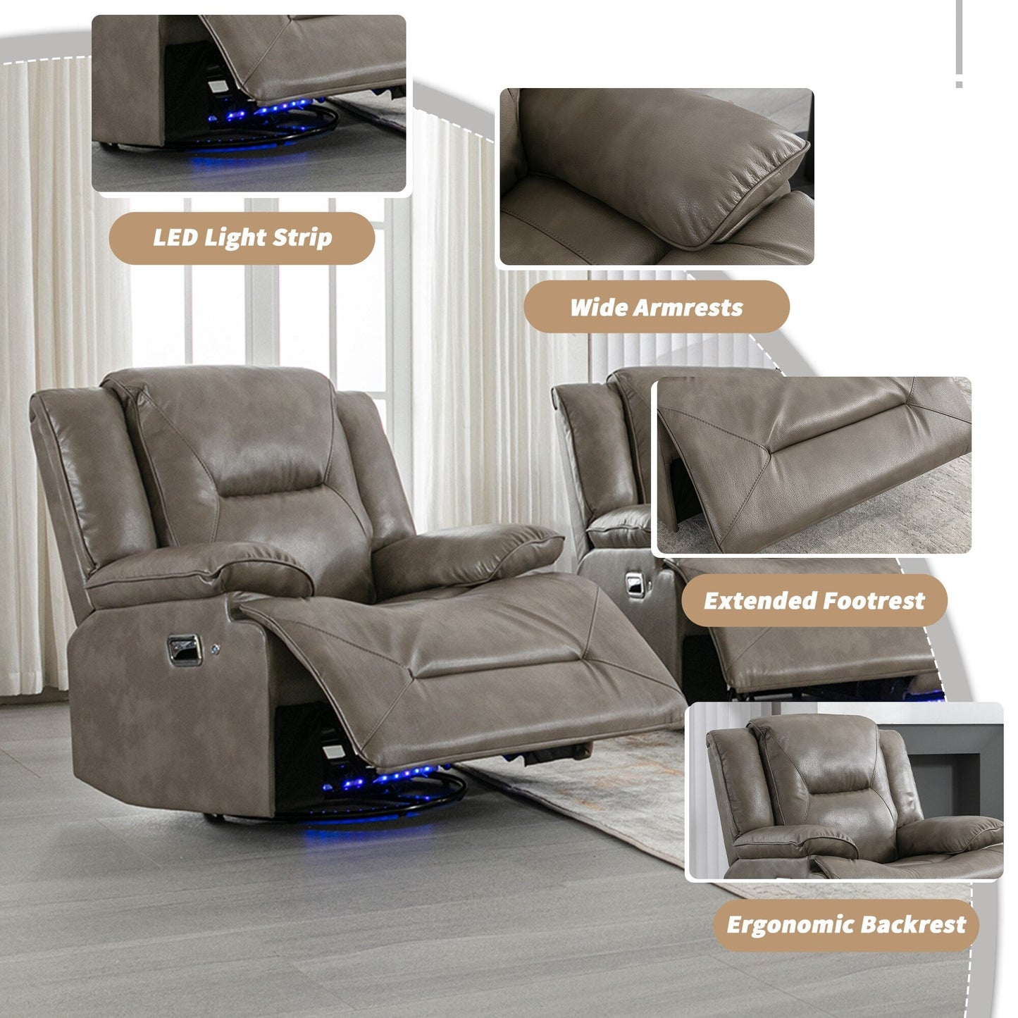 Modern 360° Swivel Rocking Manual Recliner Chair, Home Theater Recliner with LED Light Strip, Manual Reclining Single Sofa