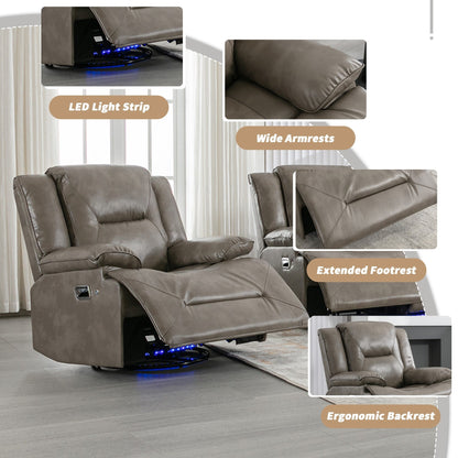 Modern 360° Swivel Rocking Manual Recliner Chair, Home Theater Recliner with LED Light Strip, Manual Reclining Single Sofa