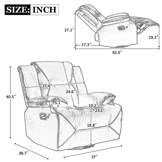 Modern 360° Swivel Rocking Manual Recliner Chair, Home Theater Recliner with LED Light Strip, Manual Reclining Single Sofa
