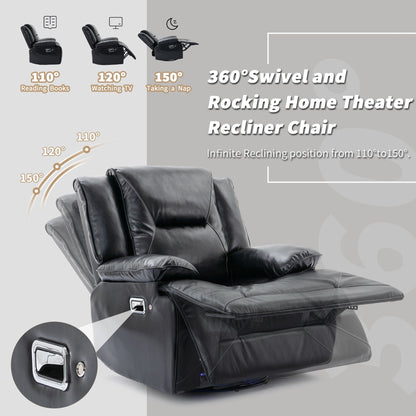 Modern 360° Swivel Rocking Manual Recliner Chair, Home Theater Recliner with LED Light Strip, Manual Reclining Single Sofa