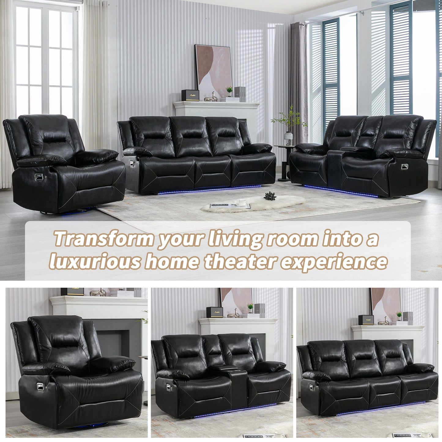 Modern 360° Swivel Rocking Manual Recliner Chair, Home Theater Recliner with LED Light Strip, Manual Reclining Single Sofa