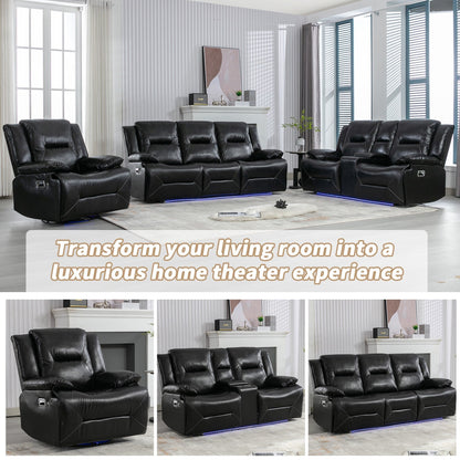 Modern 360° Swivel Rocking Manual Recliner Chair, Home Theater Recliner with LED Light Strip, Manual Reclining Single Sofa
