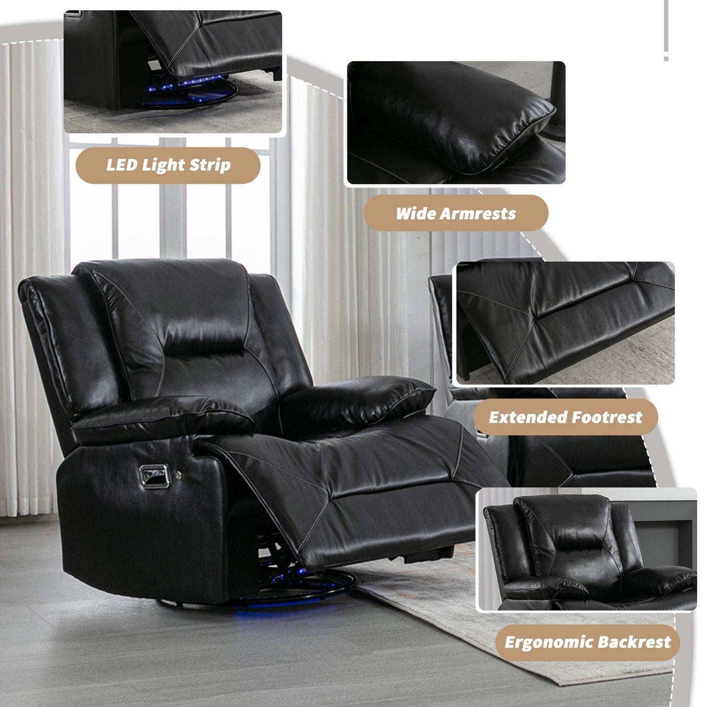 Modern 360° Swivel Rocking Manual Recliner Chair, Home Theater Recliner with LED Light Strip, Manual Reclining Single Sofa