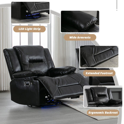 Modern 360° Swivel Rocking Manual Recliner Chair, Home Theater Recliner with LED Light Strip, Manual Reclining Single Sofa