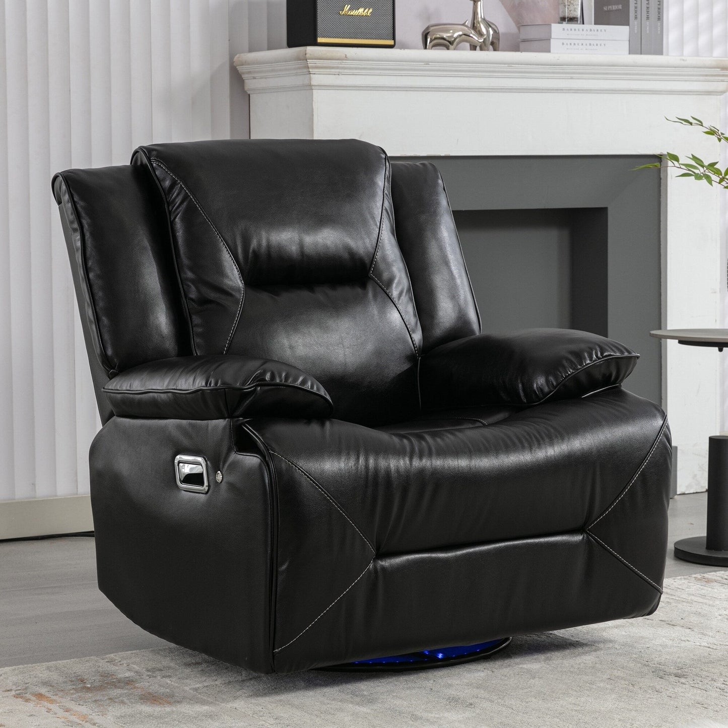 Modern 360° Swivel Rocking Manual Recliner Chair, Home Theater Recliner with LED Light Strip, Manual Reclining Single Sofa