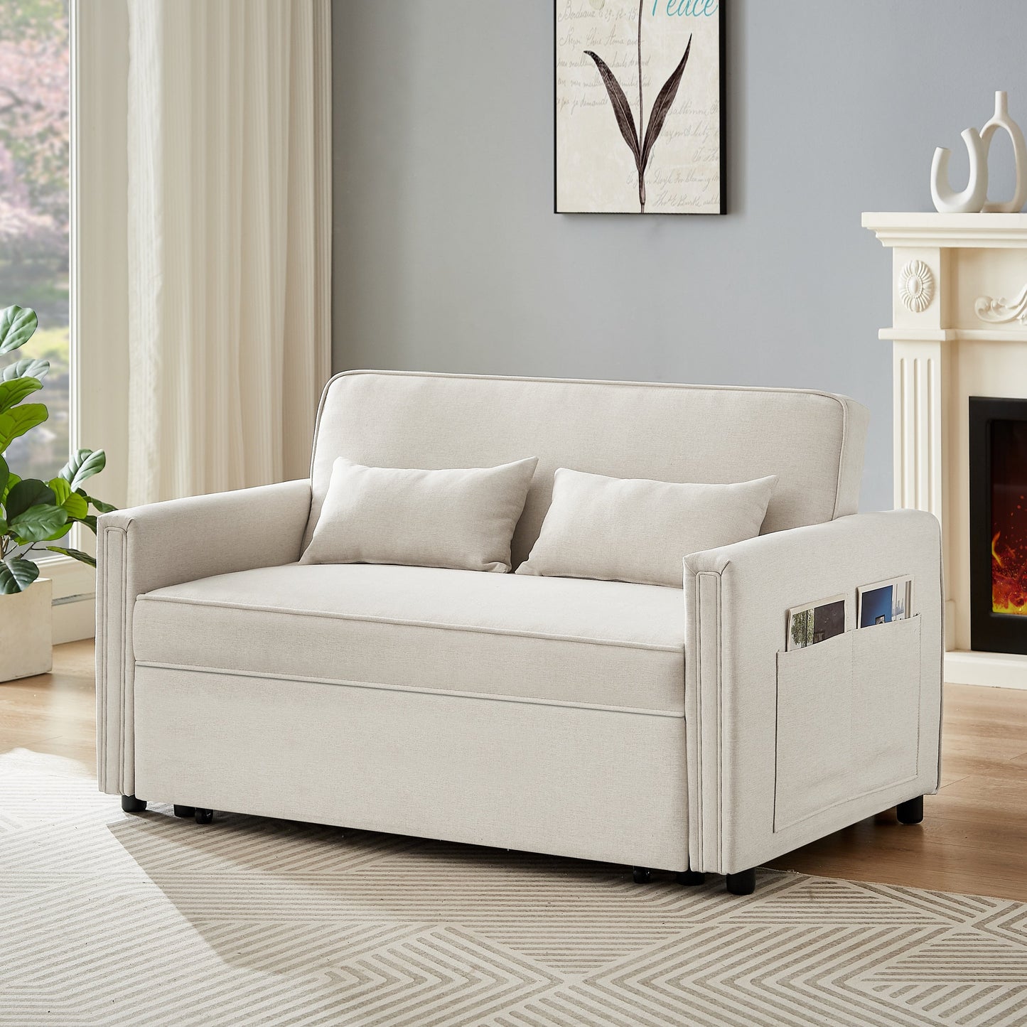 Linen Convertible Loveseat Sleeper Sofa with Adjustable Backrest - 38.60 x 54.00 x 31.90