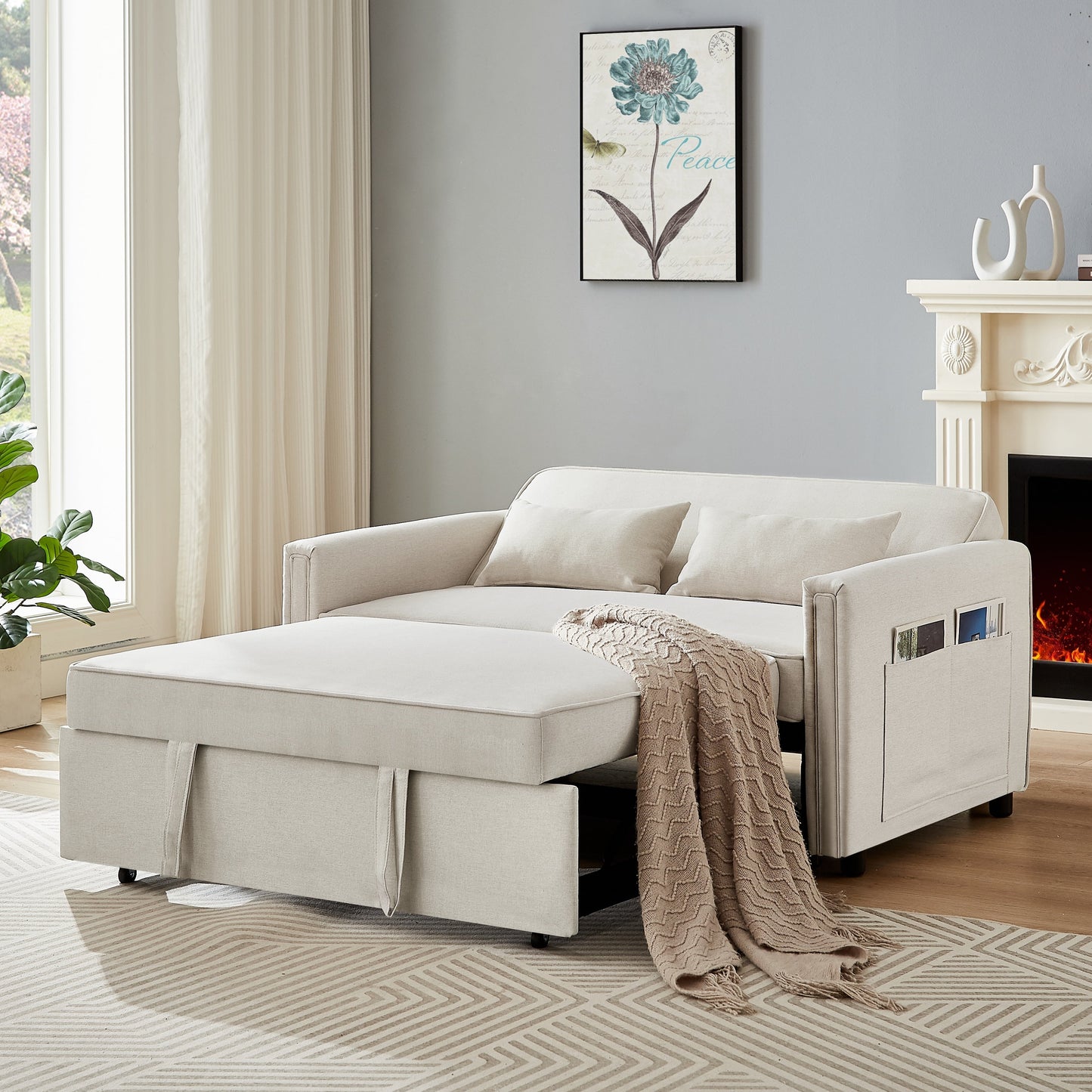 Linen Convertible Loveseat Sleeper Sofa with Adjustable Backrest - 38.60 x 54.00 x 31.90