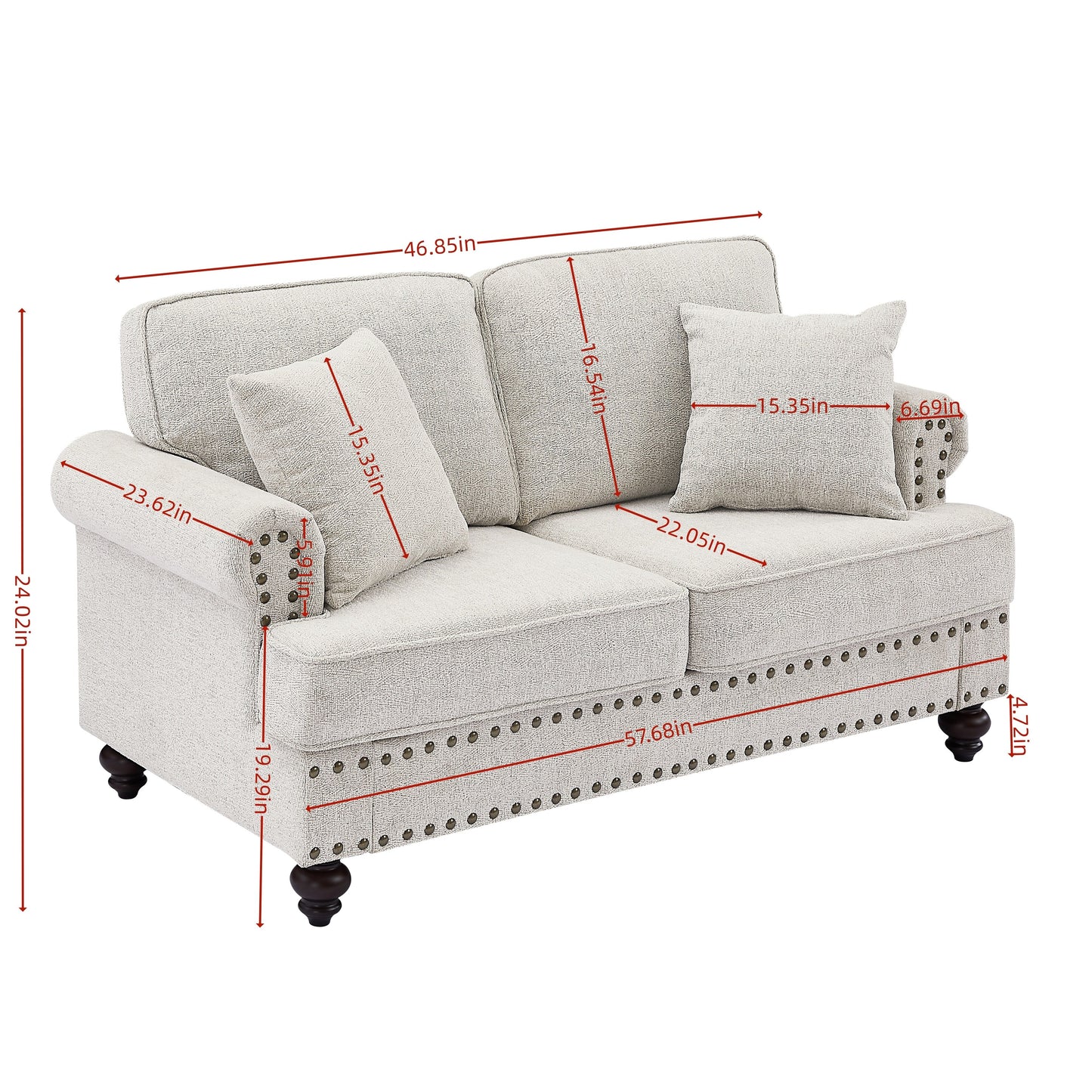 Modern Sleeper Sofa Chenille Fabric Sofa Couch with Nailhead Trim Couch and Lumbar Pillows, Rolled Arms Lounge Settee