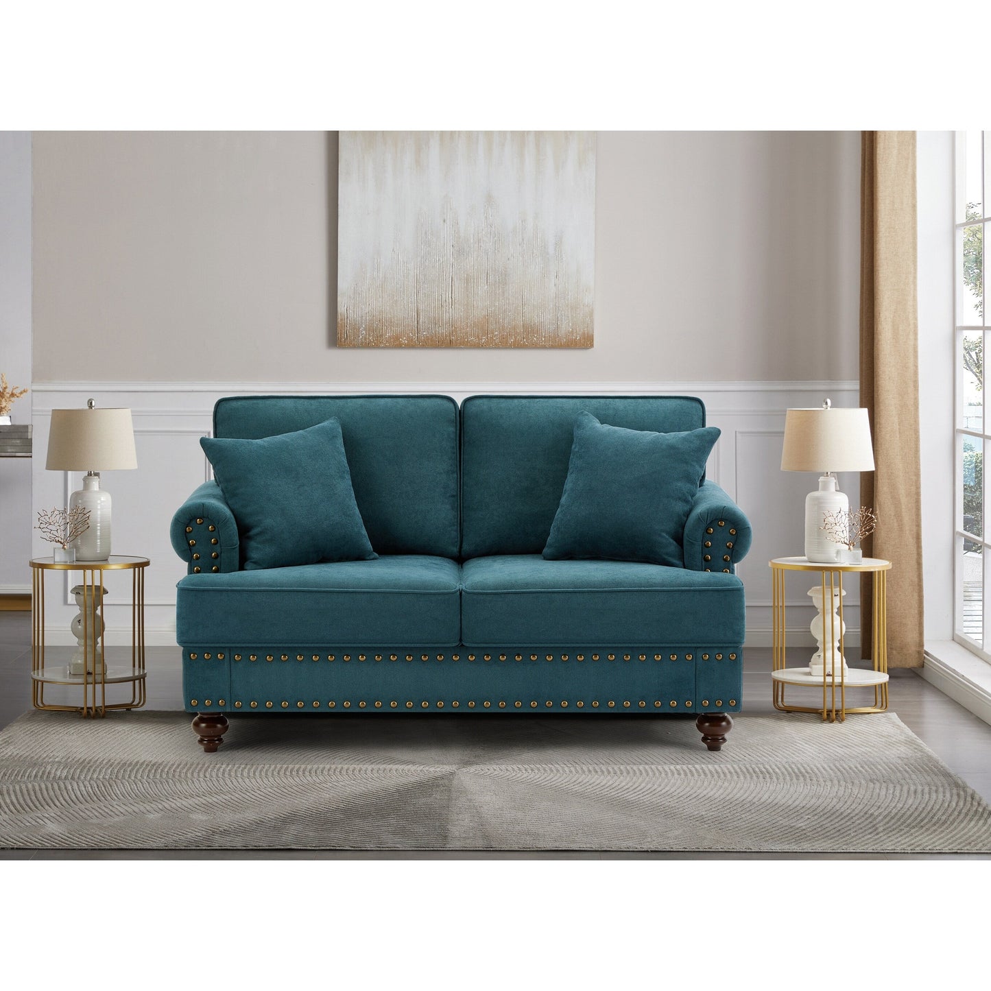 Modern Sleeper Sofa Chenille Fabric Sofa Couch with Nailhead Trim Couch and Lumbar Pillows, Rolled Arms Lounge Settee