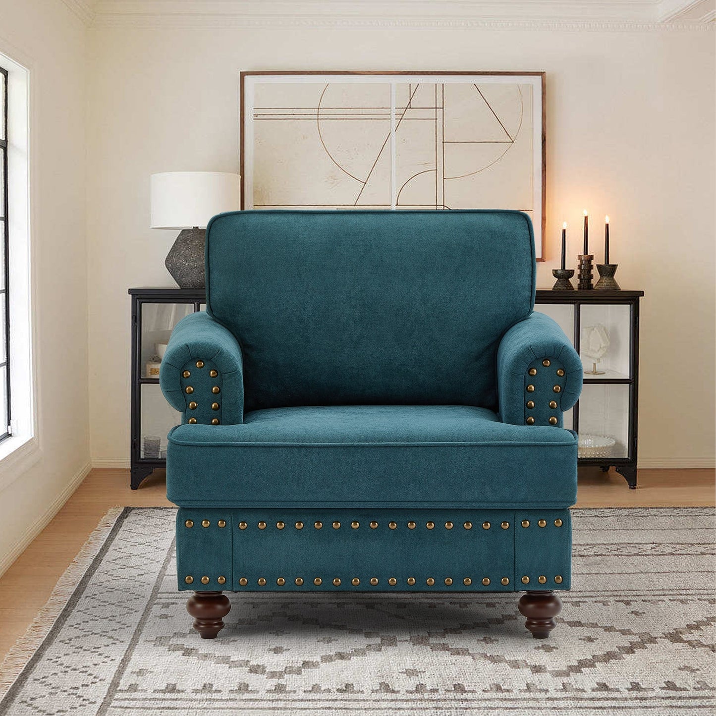 Modern Sleeper Sofa Chenille Fabric Sofa Couch with Nailhead Trim Couch and Lumbar Pillows, Rolled Arms Lounge Settee