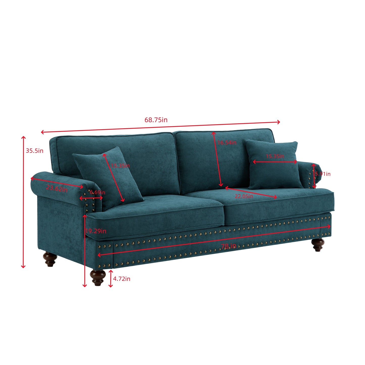 Modern Sleeper Sofa Chenille Fabric Sofa Couch with Nailhead Trim Couch and Lumbar Pillows, Rolled Arms Lounge Settee