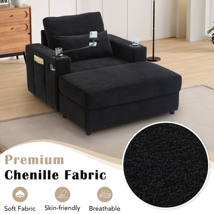 Modern Style Armchair 42.5 Chaise Lounge Sofa Couch with a Movable Storage Ottoman, Two USB Ports, Two Cup Holders