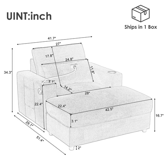 Modern Style Armchair 42.5 Chaise Lounge Sofa Couch with a Movable Storage Ottoman, Two USB Ports, Two Cup Holders