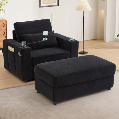 Modern Style Armchair 42.5 Chaise Lounge Sofa Couch with a Movable Storage Ottoman, Two USB Ports, Two Cup Holders