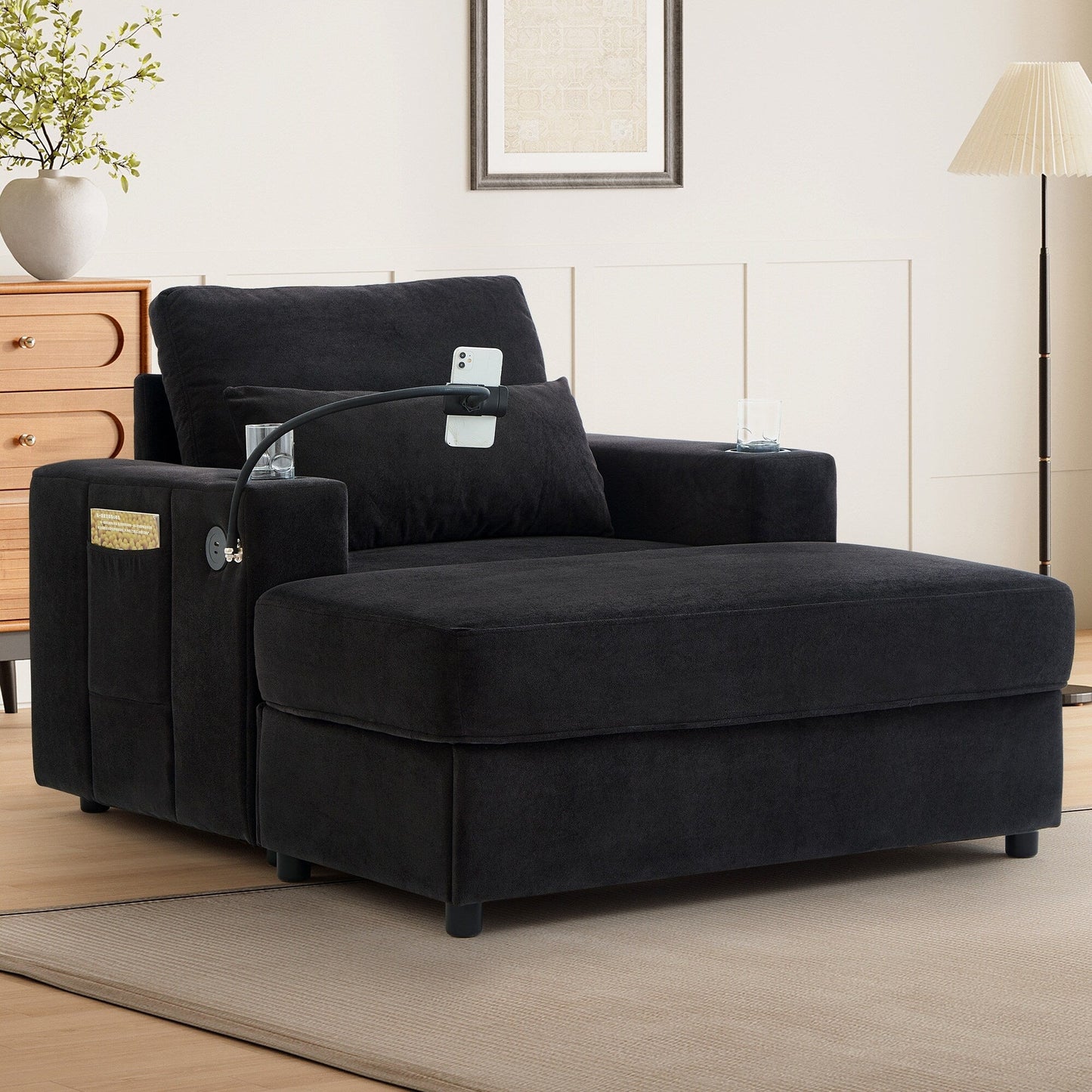 Modern Style Armchair 42.5 Chaise Lounge Sofa Couch with a Movable Storage Ottoman, Two USB Ports, Two Cup Holders