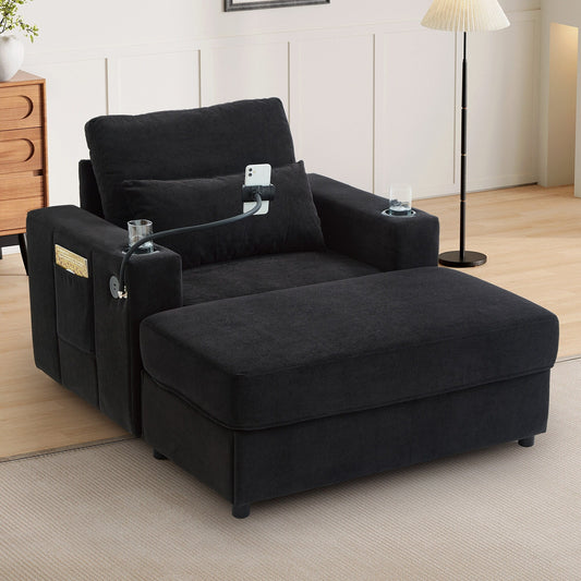 Modern Style Armchair 42.5 Chaise Lounge Sofa Couch with a Movable Storage Ottoman, Two USB Ports, Two Cup Holders