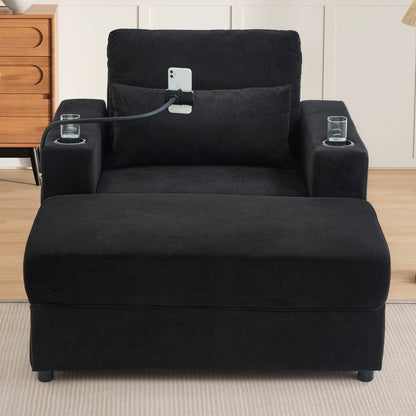 Modern Style Armchair 42.5 Chaise Lounge Sofa Couch with a Movable Storage Ottoman, Two USB Ports, Two Cup Holders