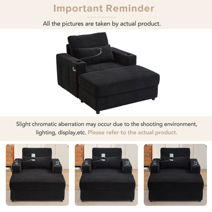 Modern Style Armchair 42.5 Chaise Lounge Sofa Couch with a Movable Storage Ottoman, Two USB Ports, Two Cup Holders