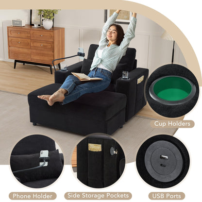 Modern Style Armchair 42.5 Chaise Lounge Sofa Couch with a Movable Storage Ottoman, Two USB Ports, Two Cup Holders