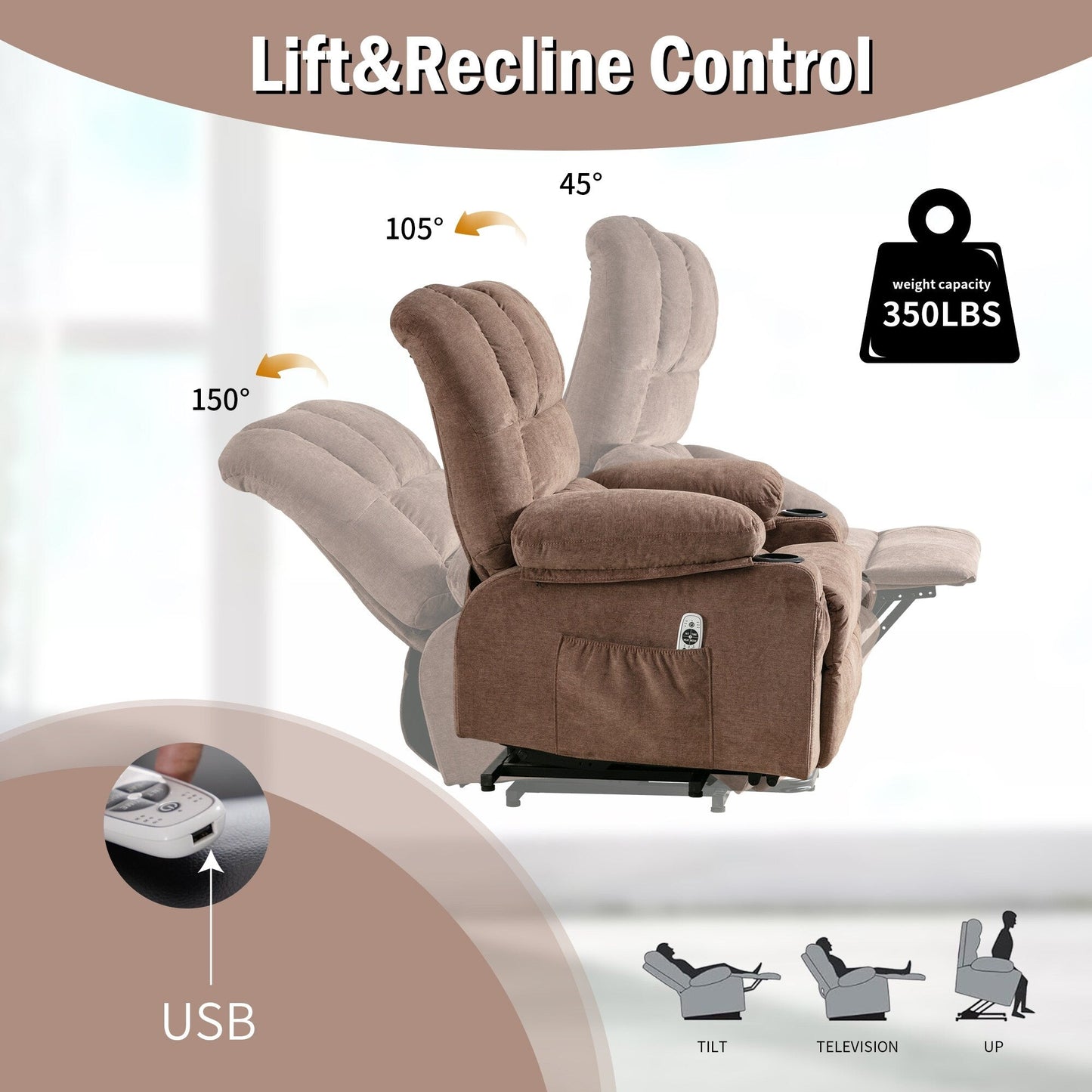 Power Electric massage lift lounge chair, suitable for the elderly, with heating and vibration functions, PU leather with USB, c